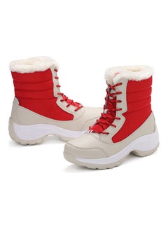 Beauenty Colourblock Pattern High-Top Warm Ankle Boots Red/Beige  - Image 2