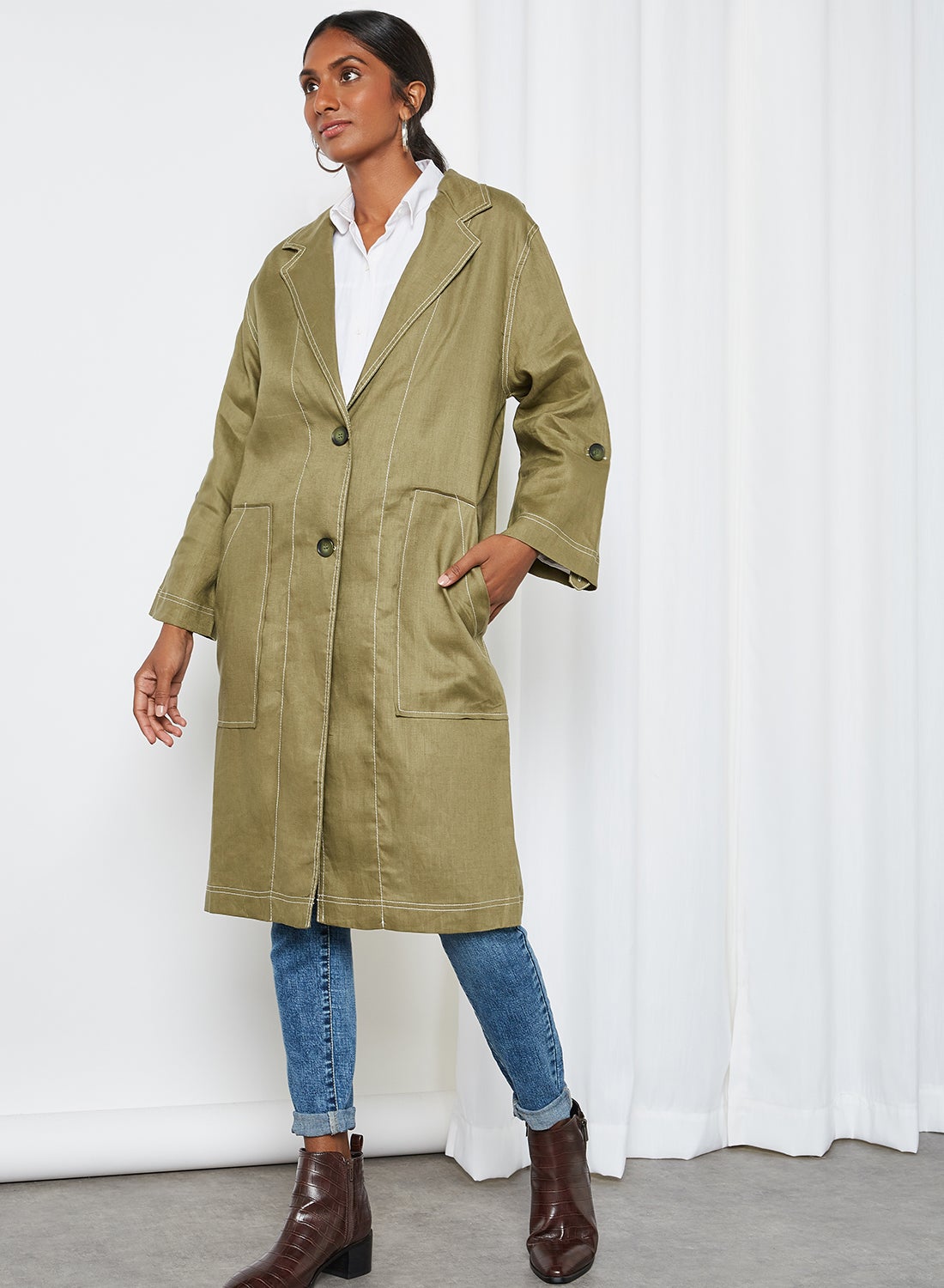 Button Detail Long Bottom Trench Coat Green - https://f.nooncdn.com/p/v1606159349/N40717025V_3.jpg?format=jpg&width=original