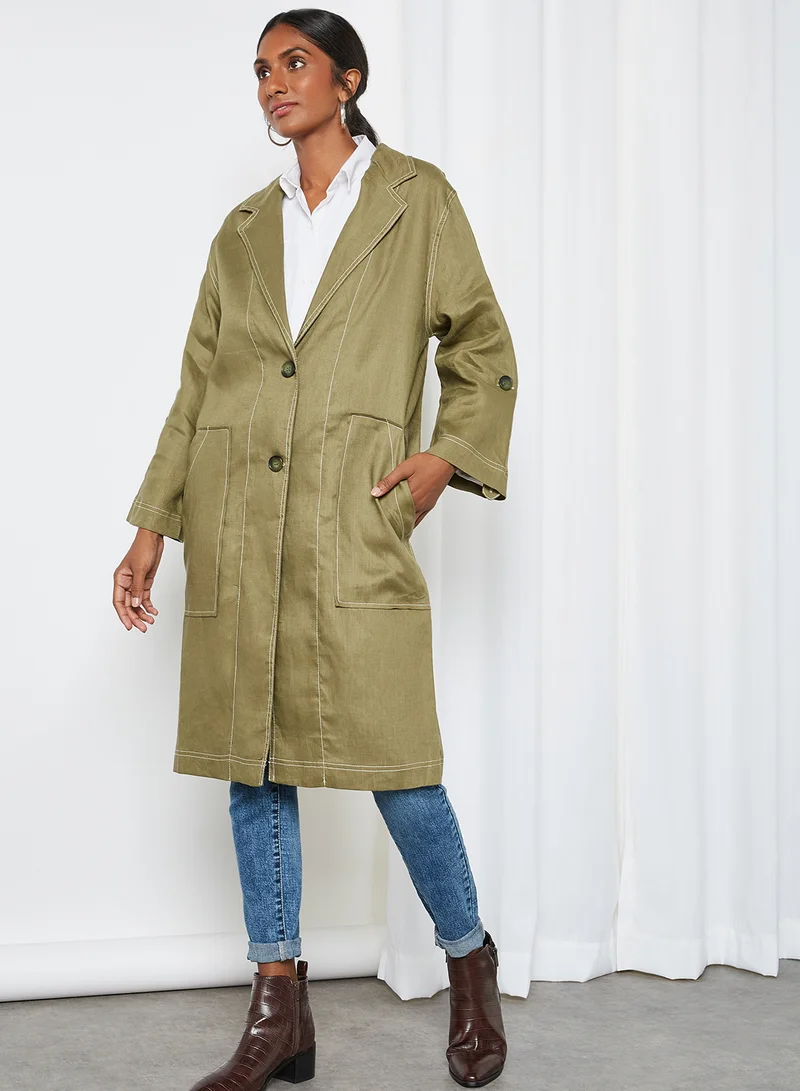 KOTON Button Detail Long Bottom Trench Coat Green