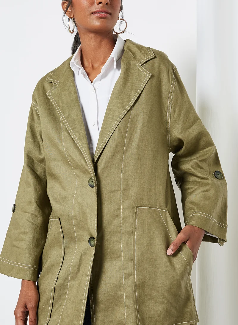 KOTON Button Detail Long Bottom Trench Coat Green