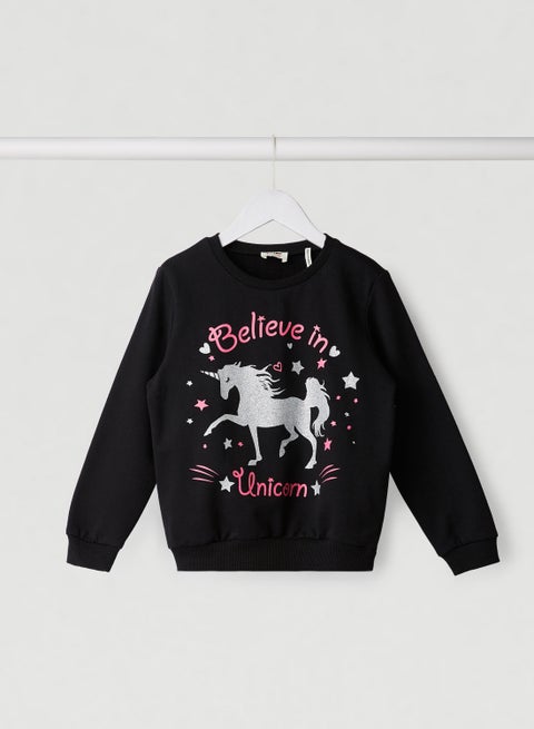 Printed Crew Neck Long Sleeve Sweatshirt Black