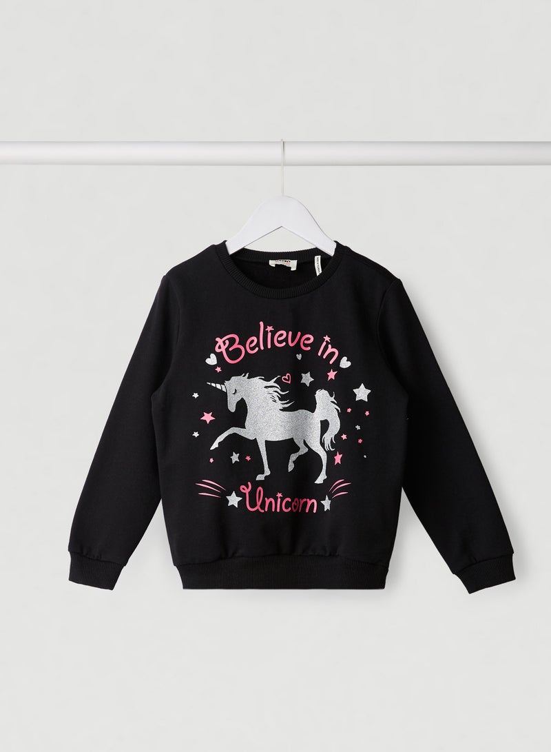 Printed Crew Neck Long Sleeve Sweatshirt Black