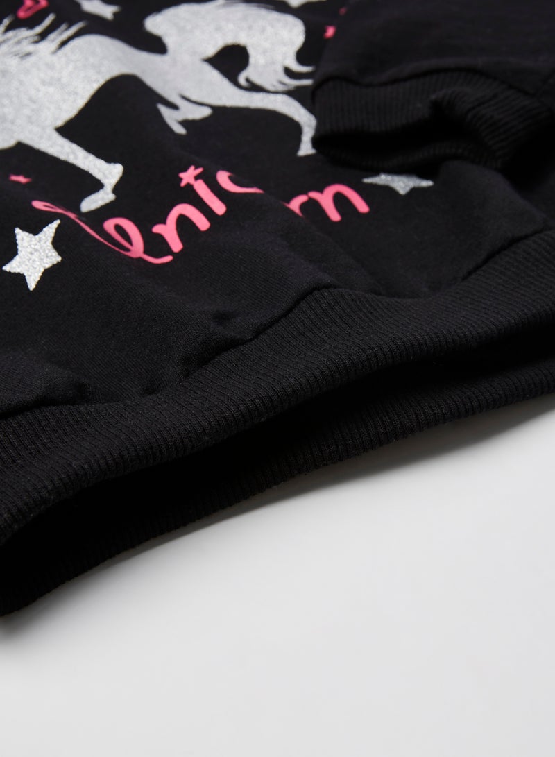 Printed Crew Neck Long Sleeve Sweatshirt Black