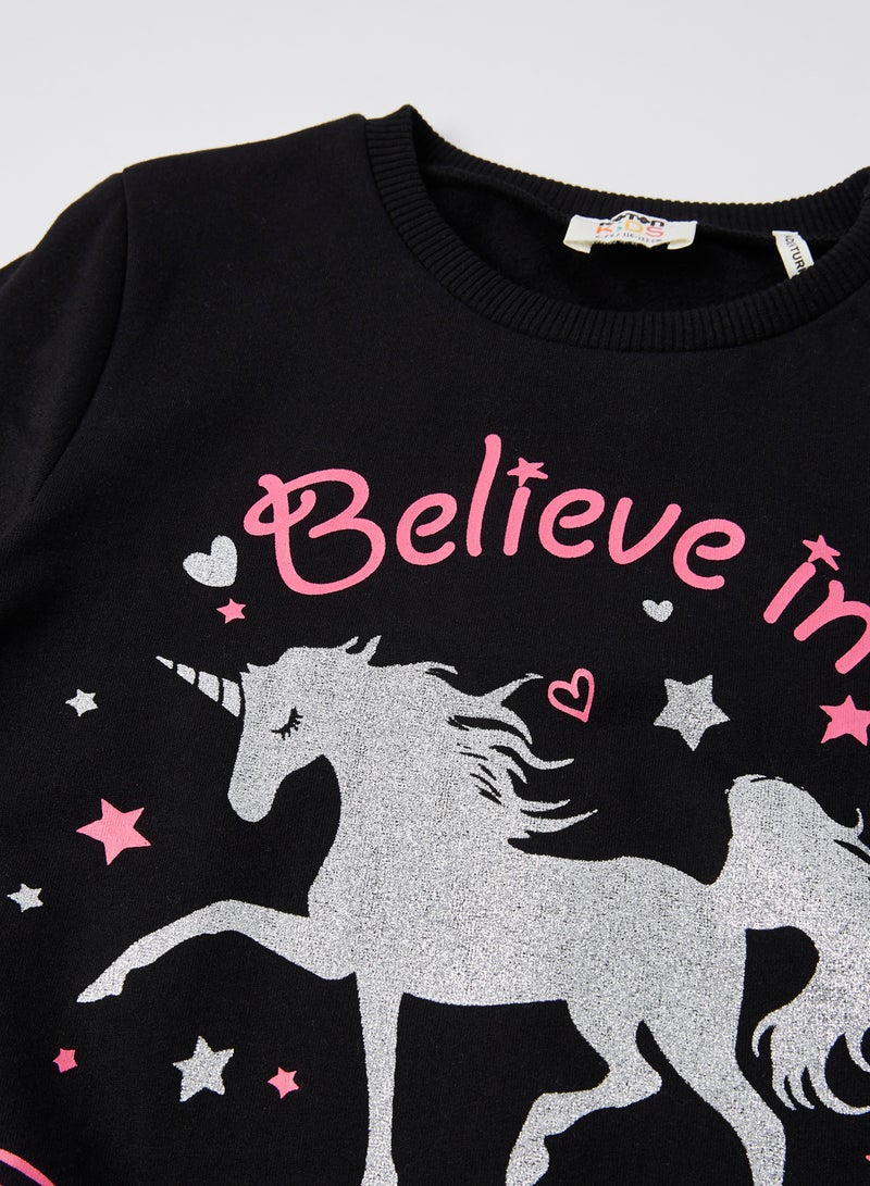 Printed Crew Neck Long Sleeve Sweatshirt Black