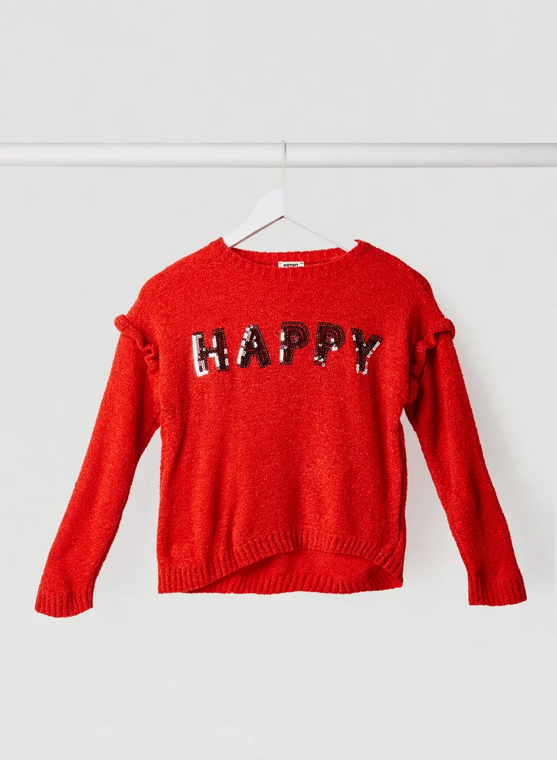 KOTON Happy Sequined Detailed Sweater Red