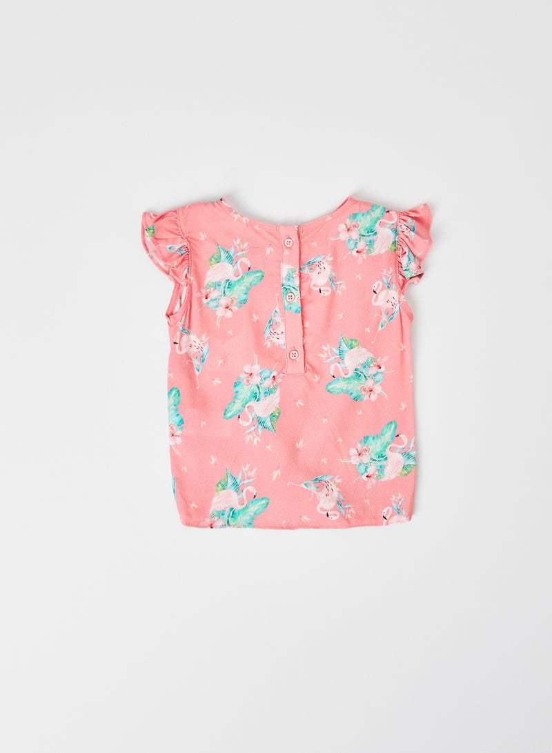 KOTON Animal Printed Boat Neck Ruffled Blouse Rose Design  - Image 1