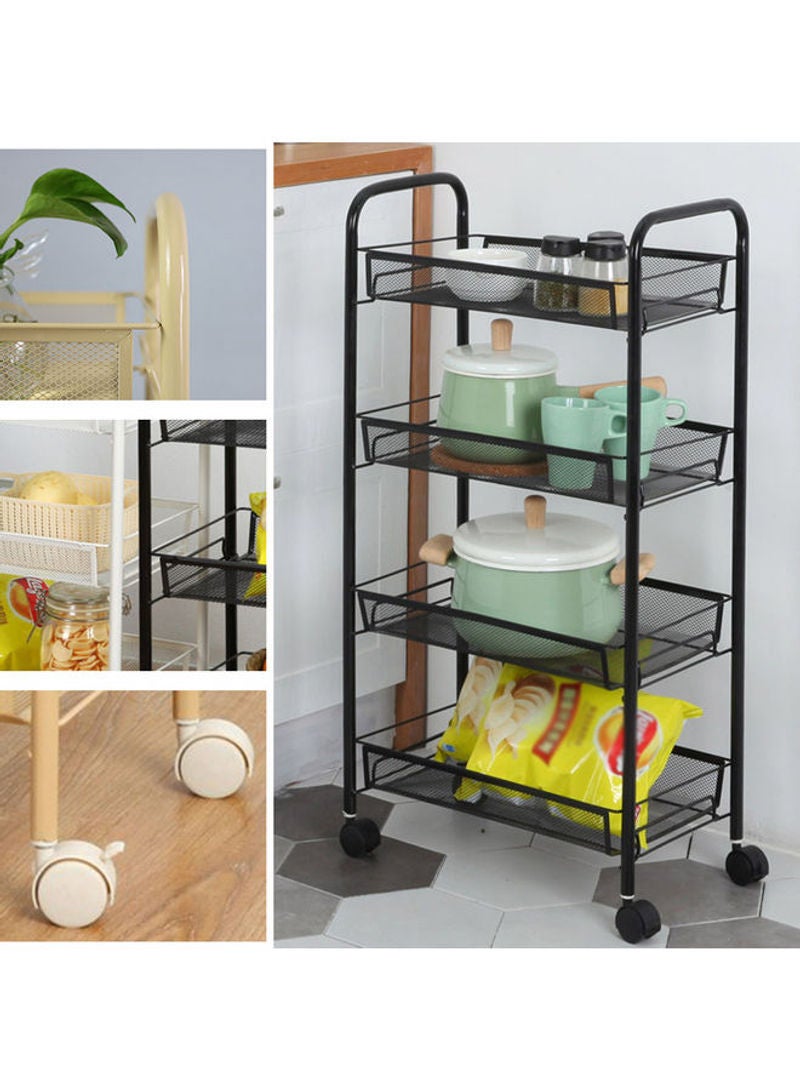 4-Tier Mesh Wire Rolling Multifunction Utility Cart Trolley With Hook Black 81*15*29cm