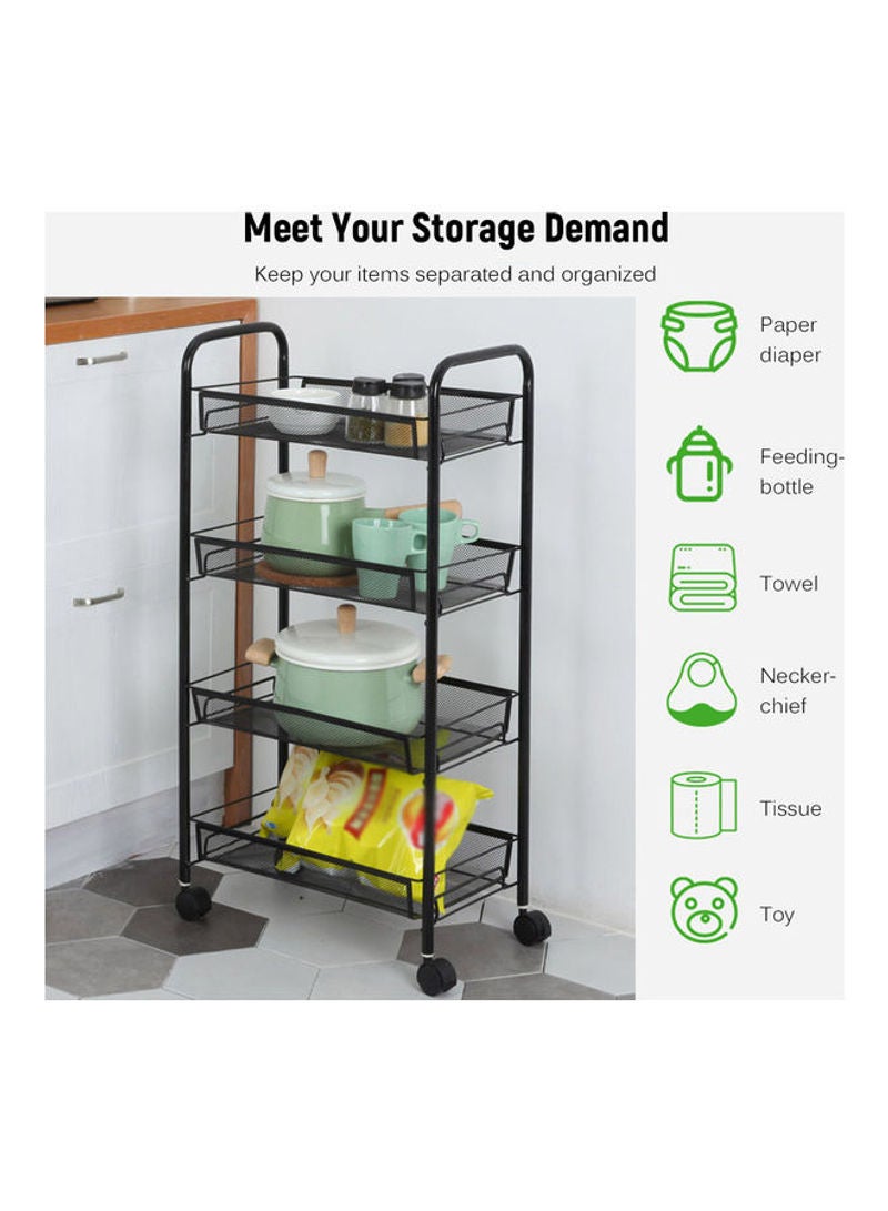 4-Tier Mesh Wire Rolling Multifunction Utility Cart Trolley With Hook Black 81*15*29cm