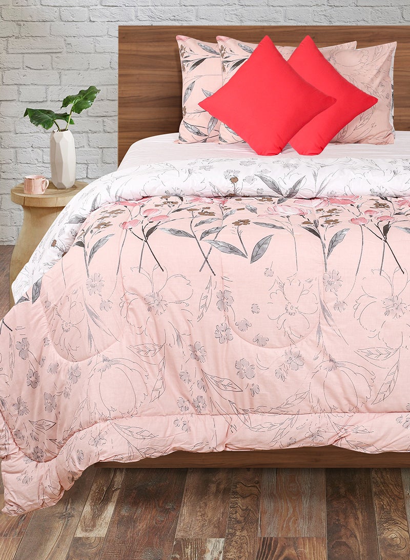Amal Comforter Set King Size All Season Everyday Use Bedding Set 100% Cotton 5 Pieces 1 Comforter 215x240cm,2 Pillow Covers 50x75cm,2 Cushion Covers 40x40cm Pink/Grey/White Polyester Pink/Grey/White  - Image 1