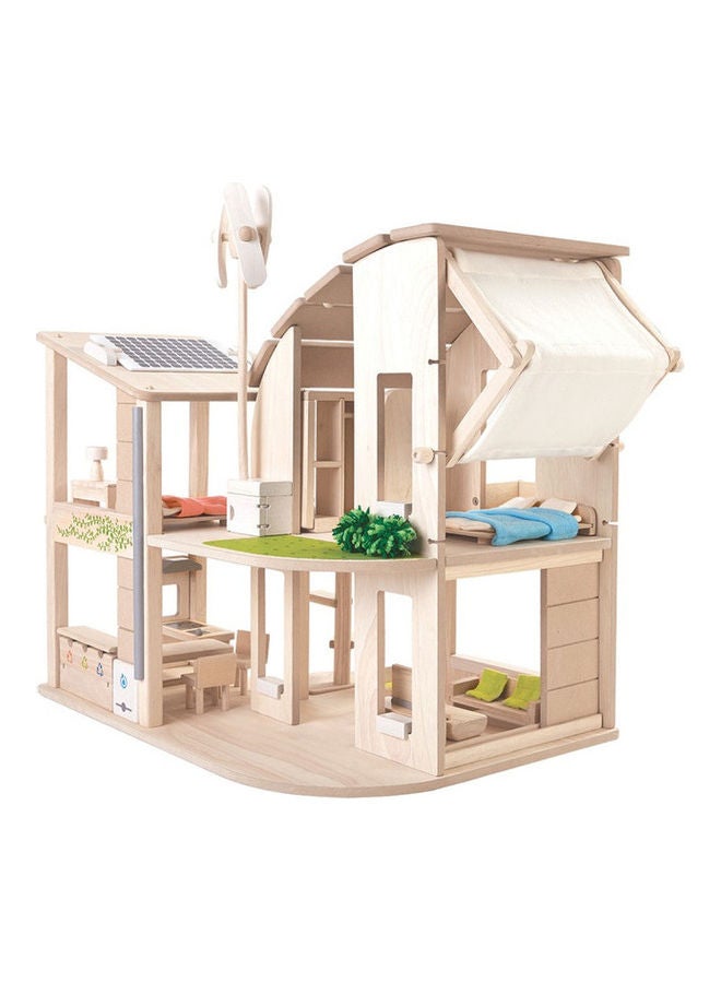 PlanToys - Wooden Green Dollhouse With Furniture 55.5 x 45.5 x 56.7cm - Image 1