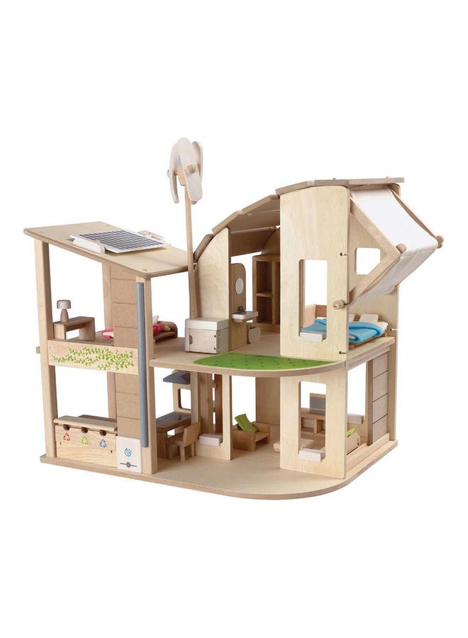 PlanToys - Wooden Green Dollhouse With Furniture 55.5 x 45.5 x 56.7cm - Image 1