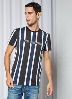 KOTON Keep Life Simple Printed Stripped Pattern Crew Neck T-Shirt Black Stripe  - Image 1