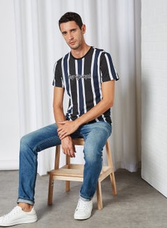KOTON Keep Life Simple Printed Stripped Pattern Crew Neck T-Shirt Black Stripe  - Image 3