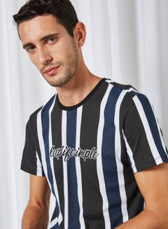 KOTON Keep Life Simple Printed Stripped Pattern Crew Neck T-Shirt Black Stripe  - Image 4