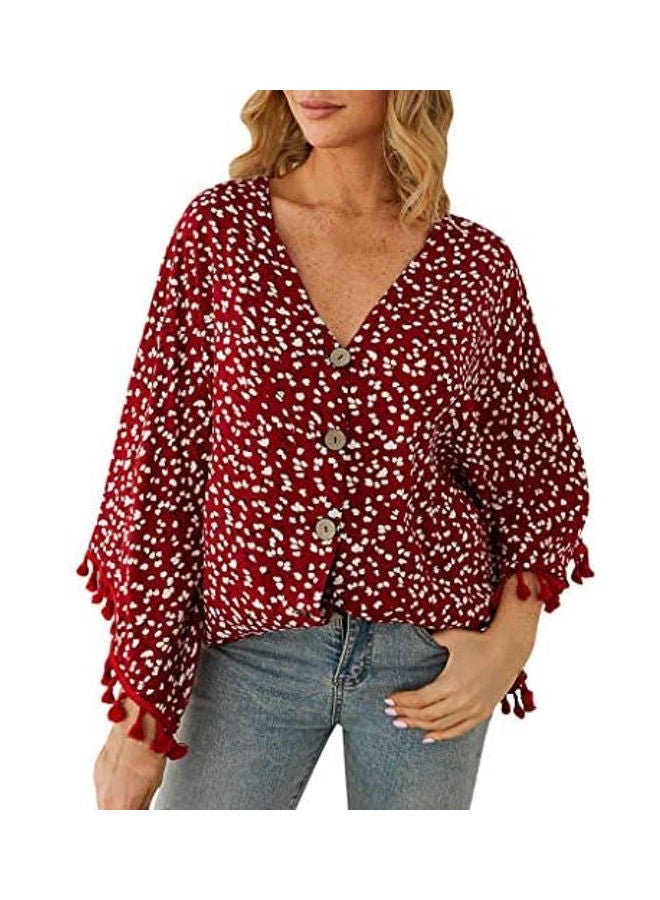 Women Fashion Bohe Floral Print Bat Sleeve V-Neck Tassels Top Shirts Blouse multicolour  - Image 1