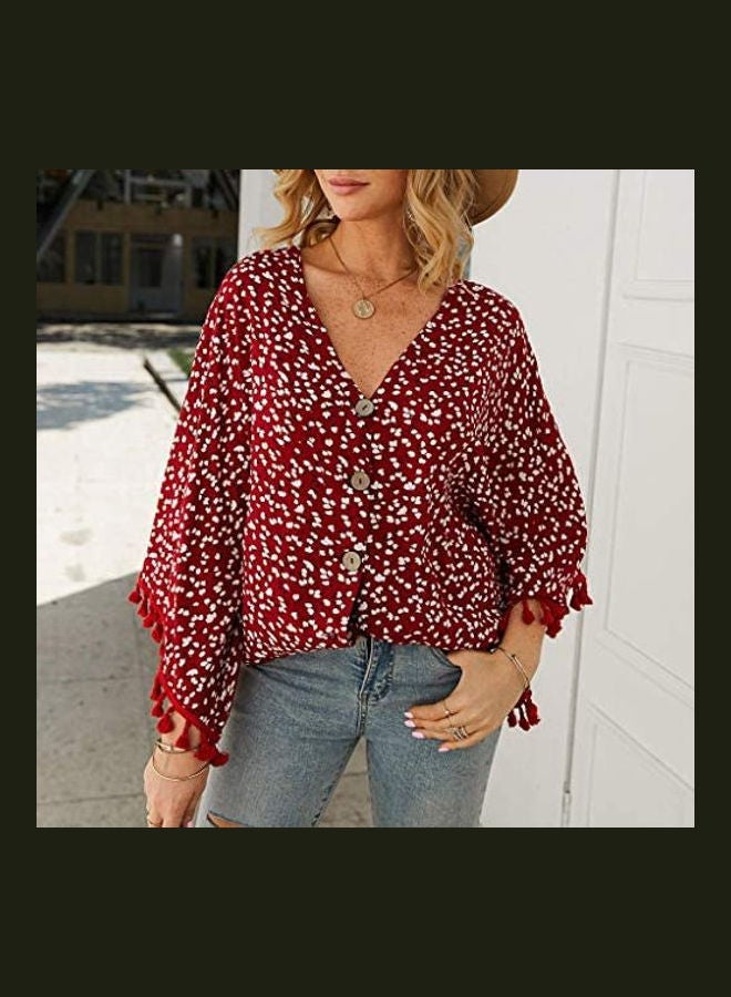 Women Fashion Bohe Floral Print Bat Sleeve V-Neck Tassels Top Shirts Blouse multicolour  - Image 2
