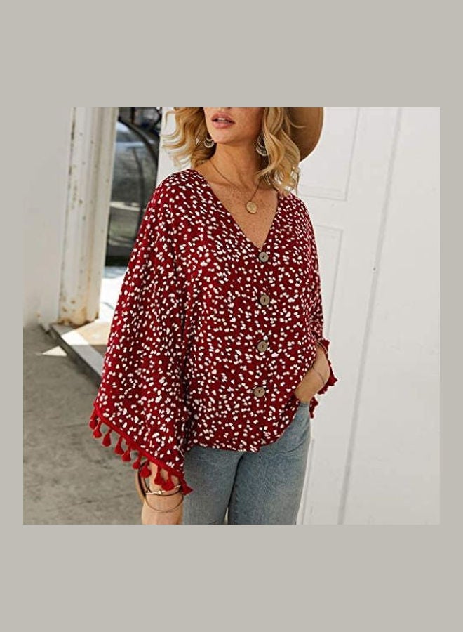 Women Fashion Bohe Floral Print Bat Sleeve V-Neck Tassels Top Shirts Blouse multicolour  - Image 3