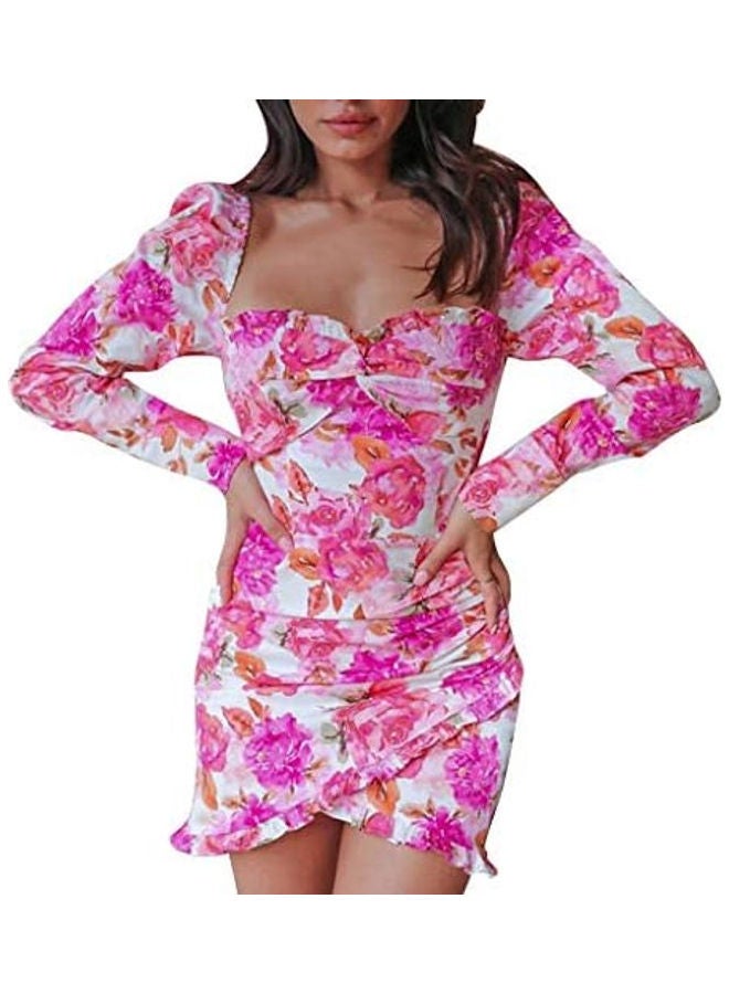 Fashion Women Square Neck Puff Sleeve Floral Print Short Fit Party Club Dress multicolour  - Image 1