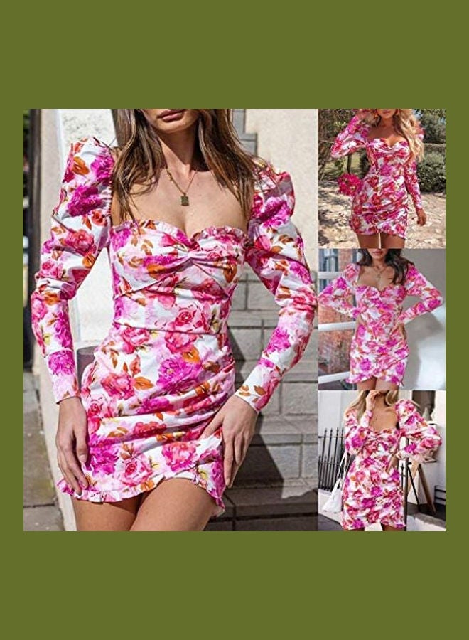 Fashion Women Square Neck Puff Sleeve Floral Print Short Fit Party Club Dress multicolour  - Image 2