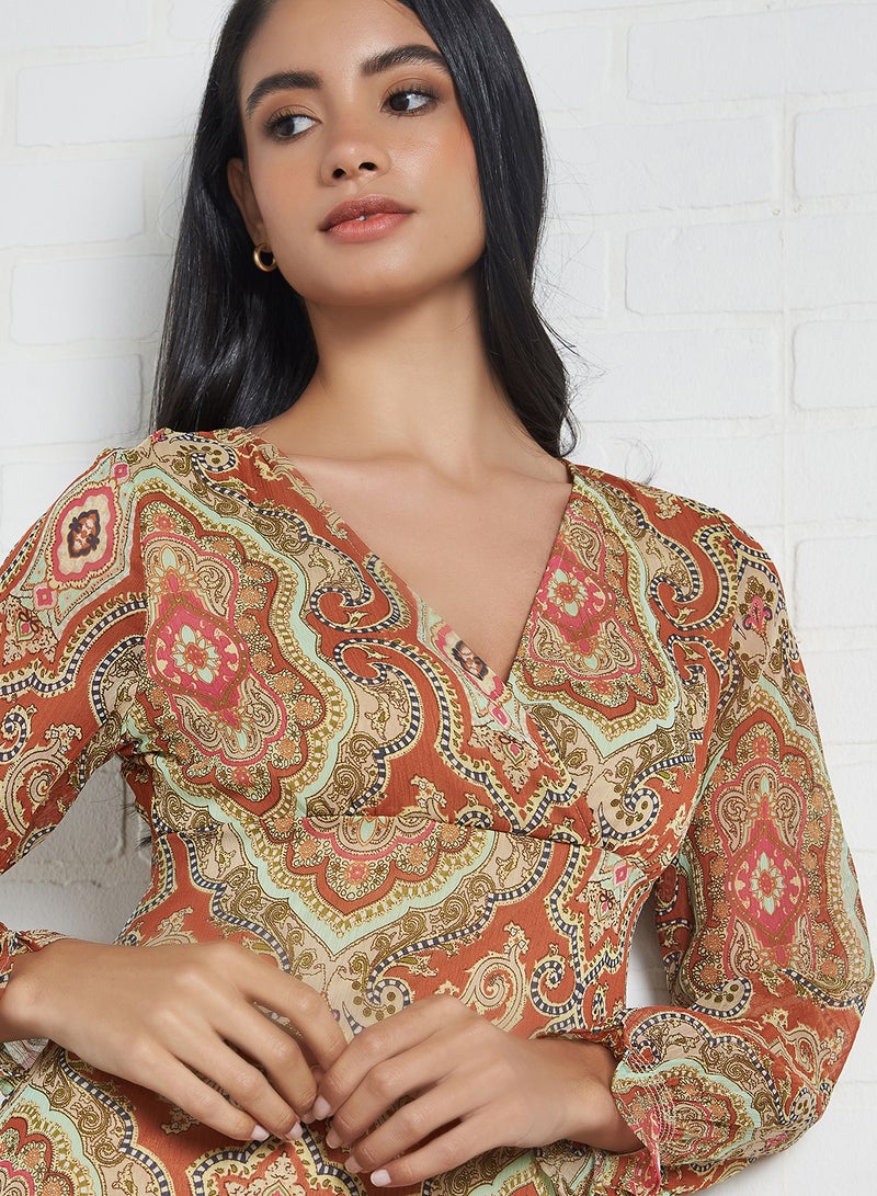 ONLY Retro Print Drop Waist Dress Hot Sauce  - Image 3