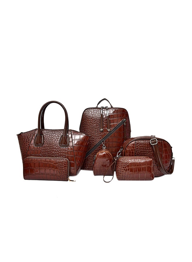 6 Piece Crocodile Pattern Composite Bag Set Brown  - Image 1