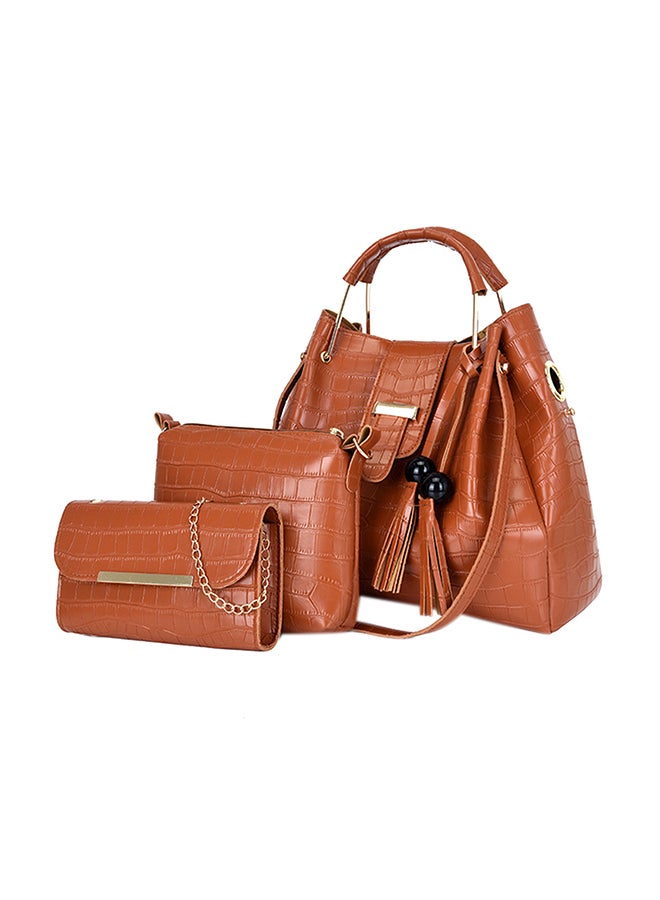 3 Piece Crocodile Pattern Large Capacity Texture Composite Bag Set Brown  - Image 1