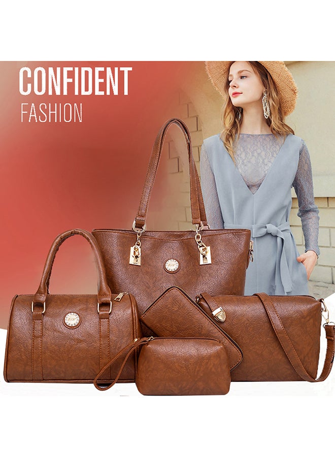 5 Piece Crocodile Skin Textured Composite Bag Set Brown  - Image 2