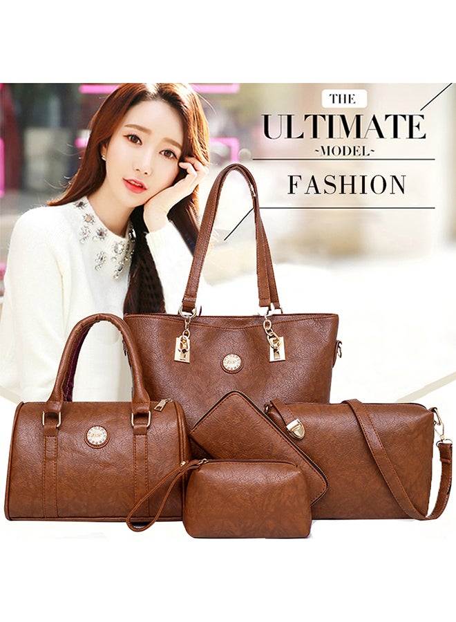 5 Piece Crocodile Skin Textured Composite Bag Set Brown  - Image 3