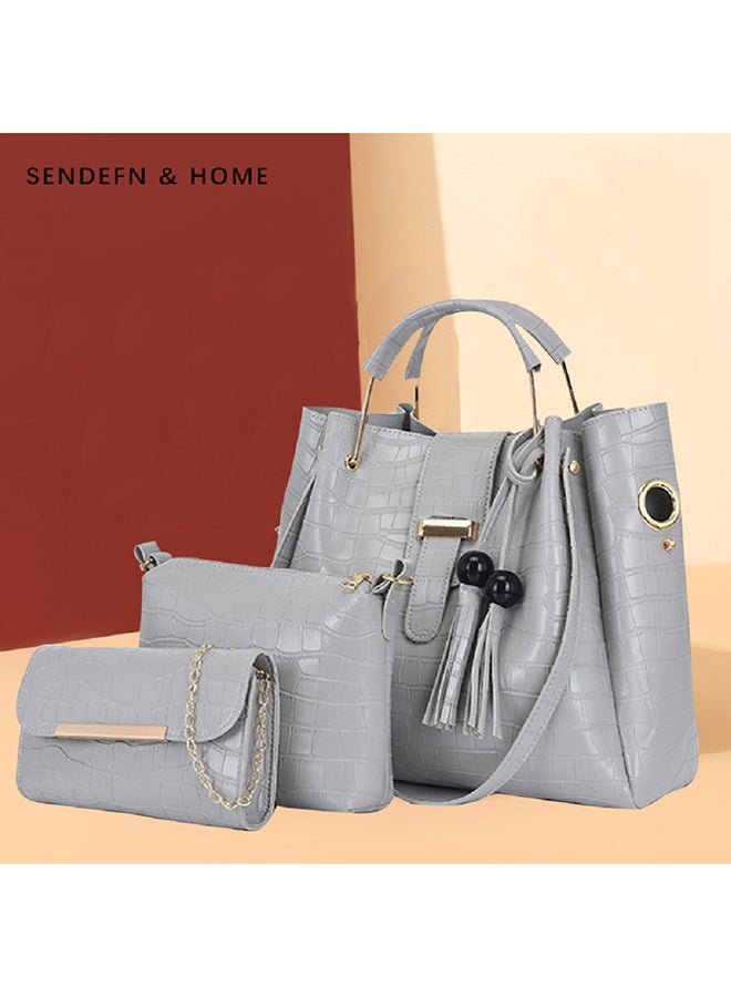 3 Piece Crocodile Pattern Large Capacity Texture Composite Bag Set Grey  - Image 3