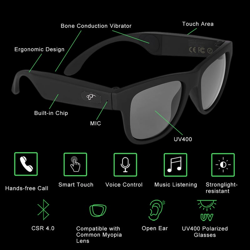 Generic - G1 Polarized CSR8635 Wireless Bluetooth Bone Conduction SmartTouch Stereo Music Sunglasses With Microphone black - Image 1