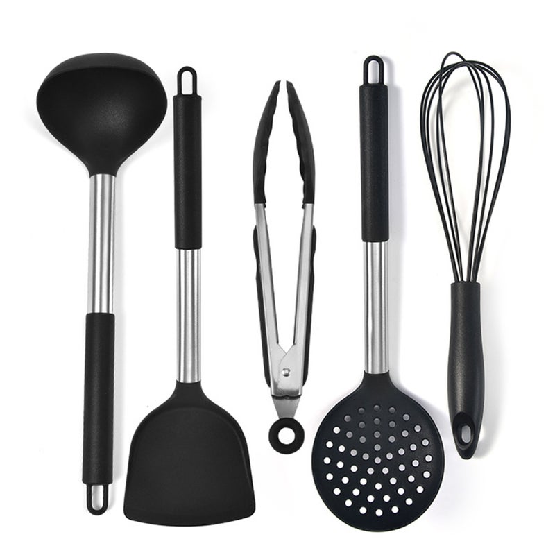 Kitchen Utensil Set, Silicone Heat-Resistant Kitchen Cooking Tools, 5pcs Kitchen Utensils, Whisk, Basting Brush, Slotted Turner, Large Spatula, Small Spatula Black 30.00*8.00*10.00cm - Image 5
