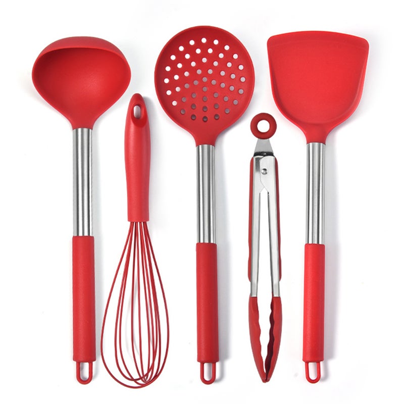 Kitchen Utensil Set, Silicone Heat-Resistant Kitchen Cooking Tools, 5pcs Kitchen Utensils, Whisk, Basting Brush, Slotted Turner, Large Spatula, Small Spatula Red 30.00*8.00*10.00cm - Image 2