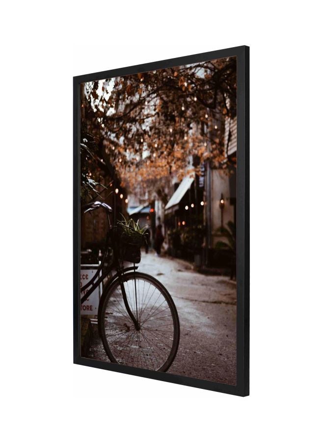 LOWHA Bike With Basket Parked Near Tree Wall Art Painting With Frame Grey/Brown/Beige 53x73cm  - Image 1