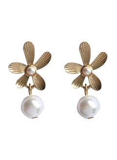 Korean Style Flower Design Pearl Studded Dangle Earrings