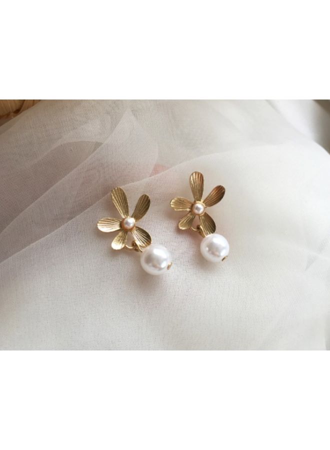 J&J - Korean Style Flower Design Pearl Studded Dangle Earrings - Image 1