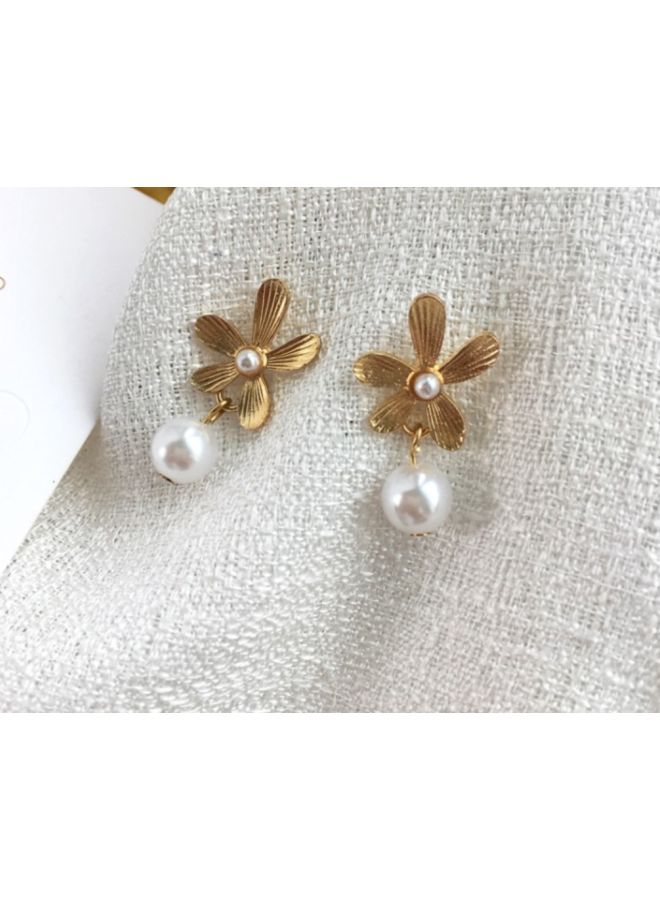 J&J - Korean Style Flower Design Pearl Studded Dangle Earrings - Image 1