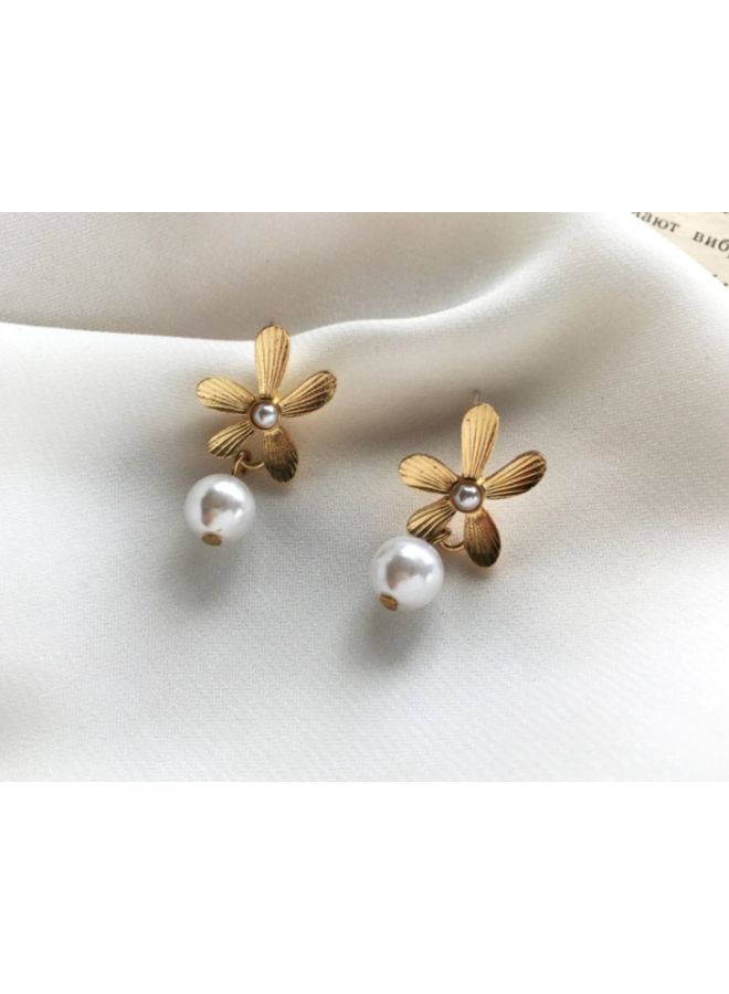 J&J - Korean Style Flower Design Pearl Studded Dangle Earrings - Image 1