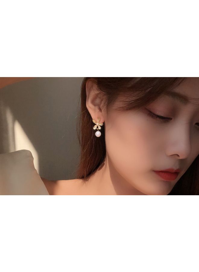 J&J - Korean Style Flower Design Pearl Studded Dangle Earrings - Image 1