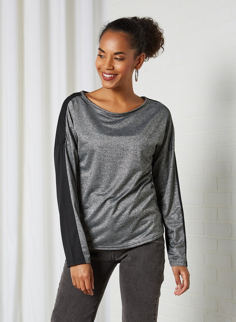 Emoi by Emonite Shiny Texture Long Sleeves T-Shirt Dark Silver As Swatch  - Image 1
