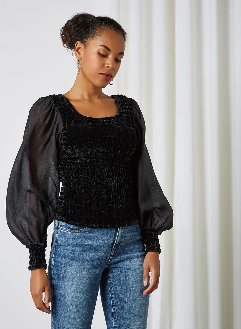 Y.A.S Puff Sleeve Smoka Blouse Black