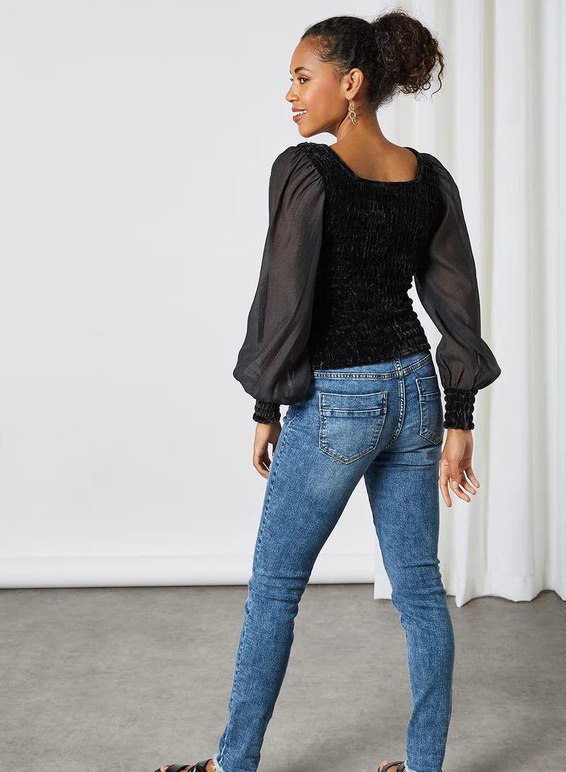 Y.A.S Puff Sleeve Smoka Blouse Black