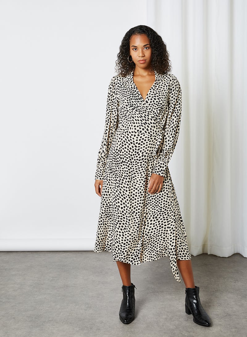KOTON - Dot Pattern Long Sleeve Midi Dress Beige Check - Image 1