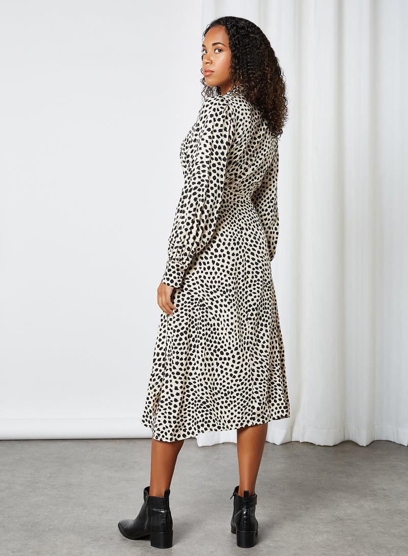 KOTON - Dot Pattern Long Sleeve Midi Dress Beige Check - Image 1