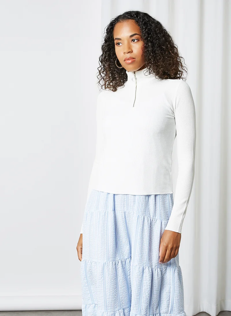 KOTON High Neck Pattern Long Sleeve T-Shirt Off White