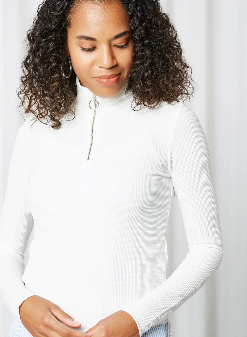 KOTON High Neck Pattern Long Sleeve T-Shirt Off White