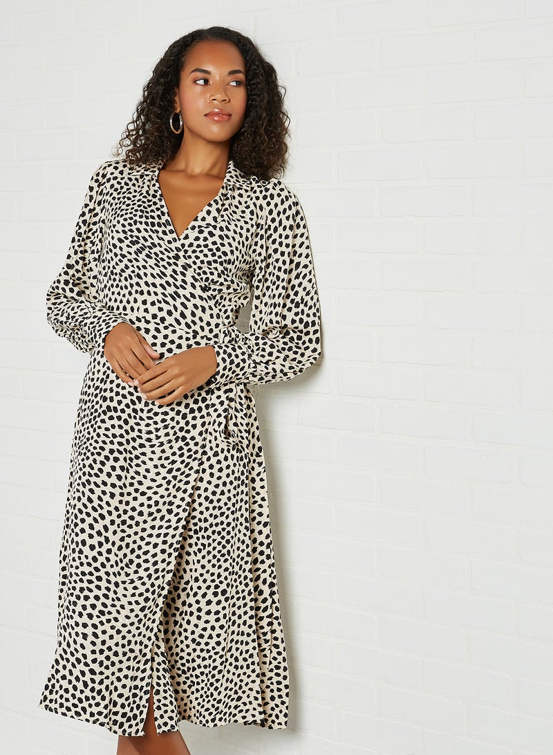 KOTON - Dot Pattern Long Sleeve Midi Dress Beige Check - Image 1