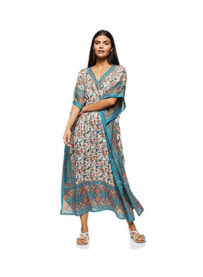 Floral Printed Kaftan Blue/White/Orange - Image 4