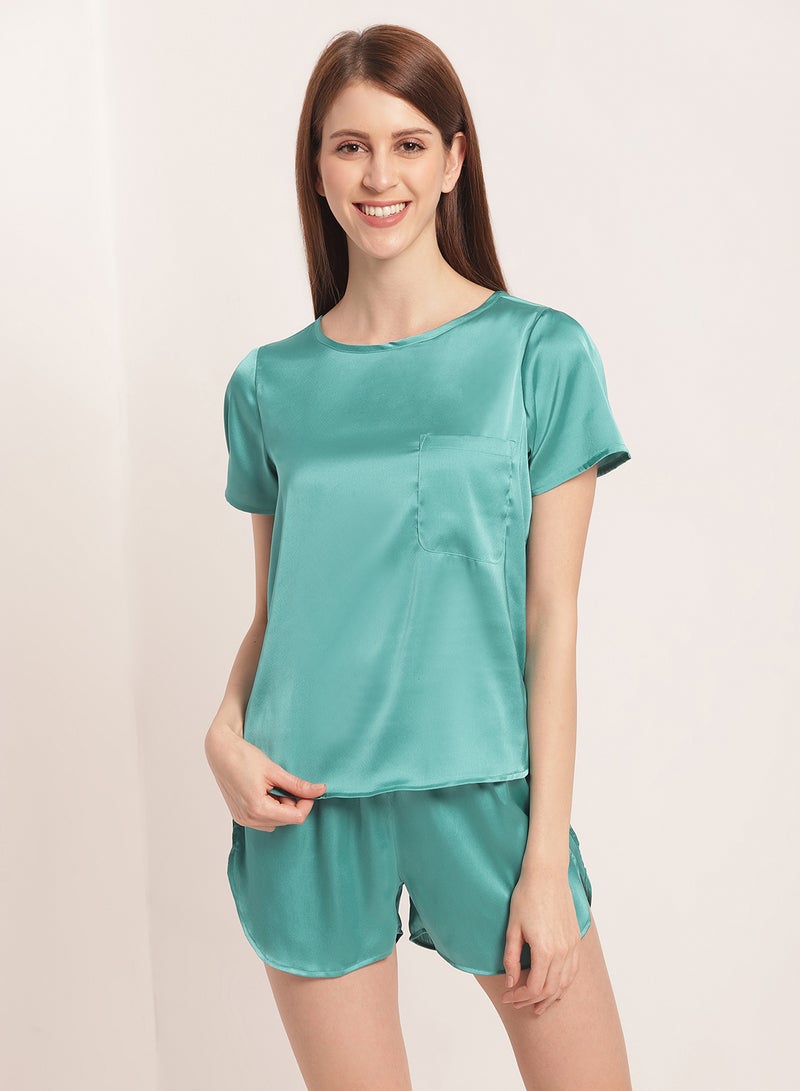 Aila 2-Piece Solid Design Satin Top And Shorts Set Dark Seafoam  - Image 1