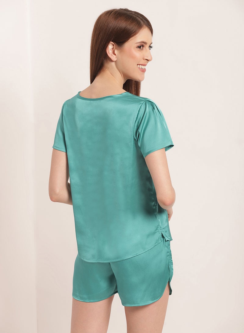 Aila 2-Piece Solid Design Satin Top And Shorts Set Dark Seafoam  - Image 2