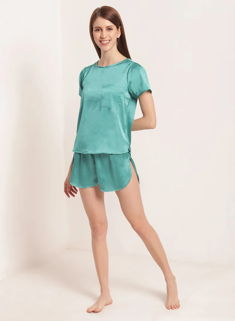 Aila 2-Piece Solid Design Satin Top And Shorts Set Dark Seafoam